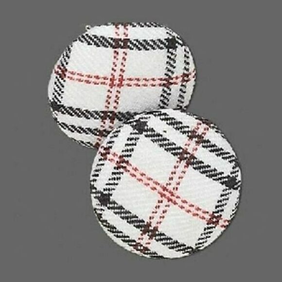 White Black and Red Tartan Plaid Retro Mod Fabric Button Earrings - Picture 1 of 1